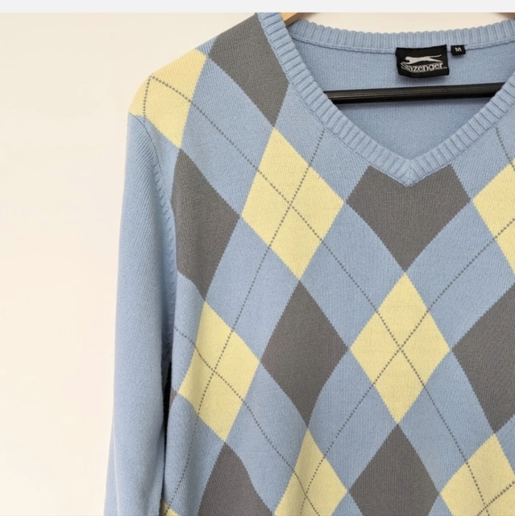Slazenger Pastel Blue & Yellow Argyle Jumper Sweater Size M | Golf Preppy Sports - Picture 6 of 8